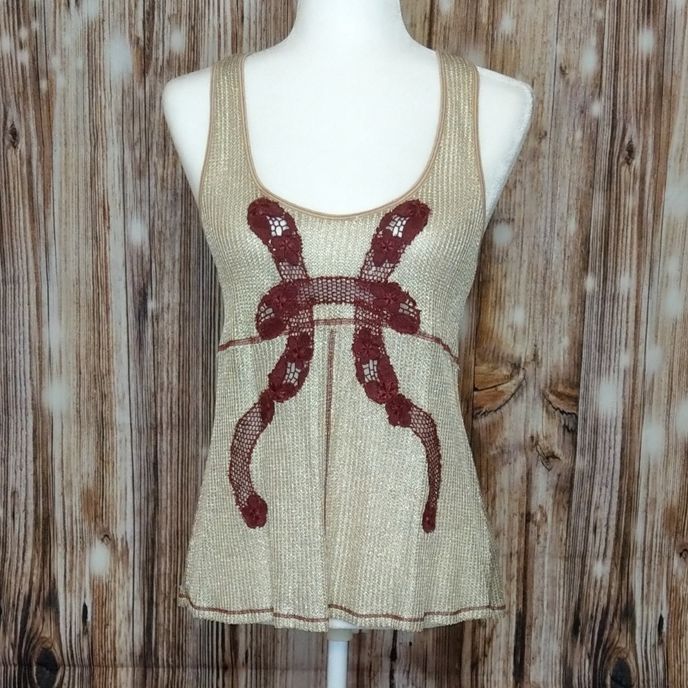 Free People Golden Maroon embroidered tank, EUC S